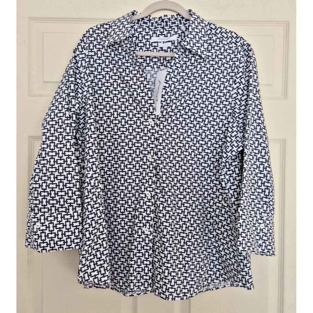 Foxcroft Women's Plus Size XXL Non Iron Black White Stretch 3/4 Sleeve NWT